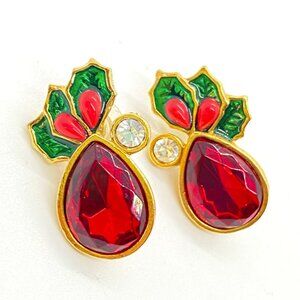 80's Vintage Avon Earrings Signed Christmas Holiday Red Jewel w/Enameled Holly